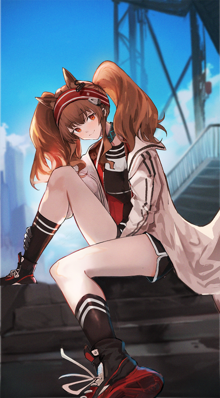1girl angelina_(arknights) animal_ears ankle_boots arknights bangs black_footwear black_legwear black_shirt black_shorts blue_sky boots brown_hair closed_eyes closed_mouth coat collar day ema_(kuguiema) fox_ears hairband highres infection_monitor_(arknights) jacket kneehighs long_hair long_sleeves looking_at_viewer open_clothes open_coat open_jacket outdoors red_eyes red_hairband red_jacket shirt shorts sidelocks sitting sky smile solo stairs twintails white_coat