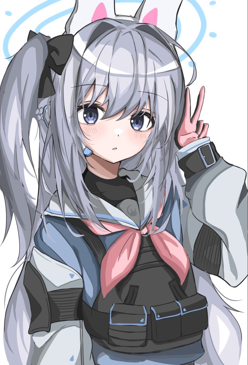 1girl animal_ears arm_at_side bangs belt blue_archive blue_shirt blush bulletproof_vest detached_sleeves earpiece fake_animal_ears gloves grey_eyes grey_hair hair_intakes halo hand_up long_hair long_sleeves miyako_(blue_archive) neckerchief open_mouth pink_neckerchief rabbit_ears ruo_(wakasagi_c) shirt side_ponytail simple_background solo upper_body utility_belt v white_background