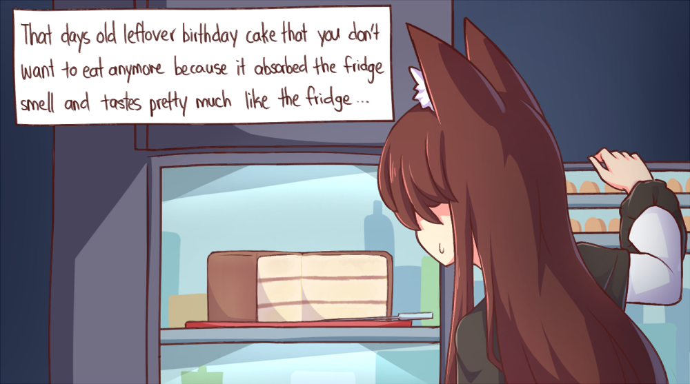 1girl animal_ear_fluff animal_ears black_capelet brown_hair cake capelet english_text food from_behind imaizumi_kagerou indoors long_hair long_sleeves refrigerator sweatdrop touhou tray wool_(miwol)