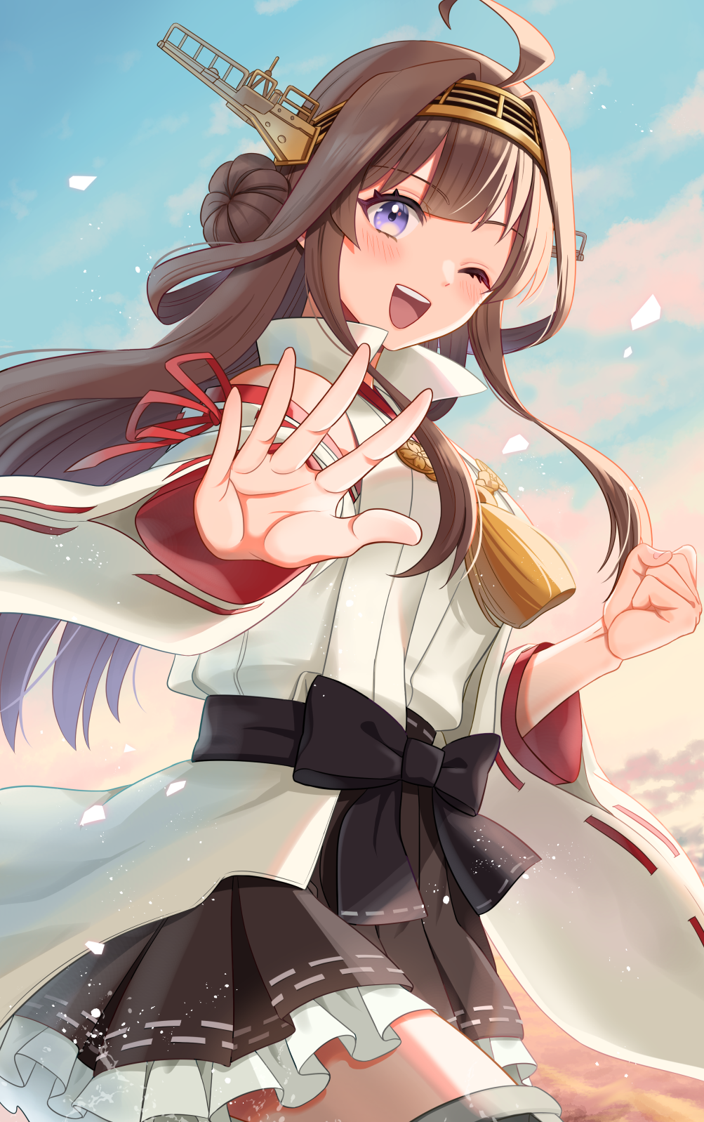 1girl ahoge blue_sky boots brown_hair clouds cloudy_sky day detached_sleeves double_bun hair_bun hairband hakama hakama_short_skirt hakama_skirt headgear highres japanese_clothes kantai_collection kongou_(kancolle) kongou_kai_ni_(kancolle) long_hair looking_at_viewer natsume_(natsume_melio) nontraditional_miko one_eye_closed open_mouth outdoors petals popped_collar ribbon-trimmed_sleeves ribbon_trim skirt sky smile solo thigh_boots twitter_username violet_eyes