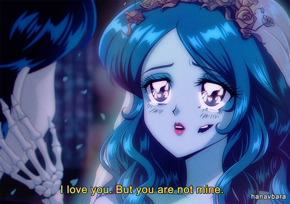 1990s_(style) 1boy 1girl animal_print aqua_skin bat_print black_hair blue_hair blue_skin blurry blurry_background blush bridal_veil colored_skin corpse_bride crying crying_with_eyes_open dress emily_(corpse_bride) english_commentary english_text extra_mouth eyelashes flower hair_flower hair_ornament hanami jewelry lipstick long_hair looking_at_viewer makeup mansion medium_hair open_mouth retro_artstyle ring skeletal_arm tears undead veil victor_van_dort wedding_band wedding_dress