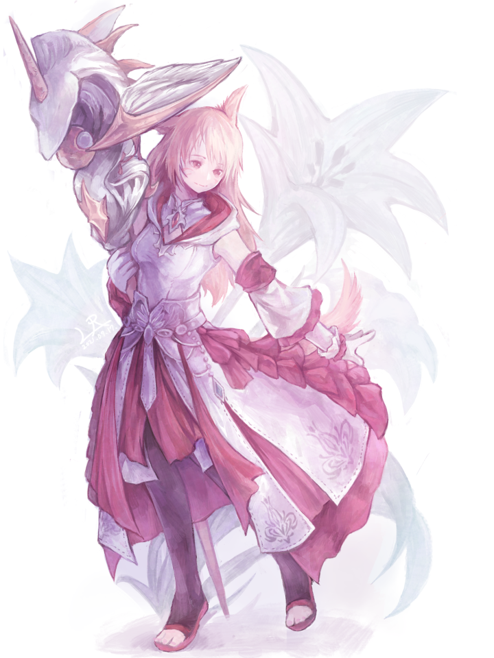 1girl animal_ears bare_shoulders brown_hair closed_mouth dated facial_mark final_fantasy final_fantasy_xiv flower frilled_gloves frills gem gloves holding holding_staff hood hood_down light_brown_hair long_hair lunaraven miqo'te red_eyes red_gemstone signature simple_background smile solo staff tail toeless_footwear whisker_markings white_background white_flower white_gloves white_mage