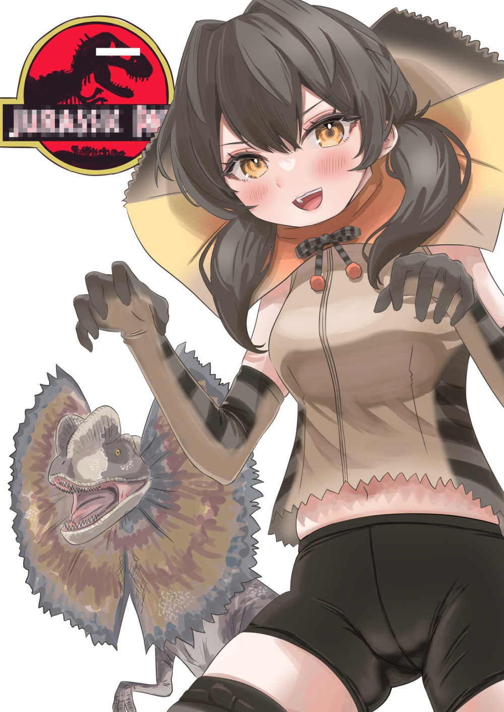 1girl animal_print bangs bar_censor bike_shorts blush brown_hair censored claw_pose commentary_request copyright_name cowboy_shot crossover crotch_seam dilophosaurus dinosaur elbow_gloves frilled_lizard_(kemono_friends) gloves hair_between_eyes hands_up highres jurassic_park kemono_friends long_hair looking_at_viewer midriff_peek miyuma mosaic_censoring navel neck_ribbon open_mouth parted_bangs print_gloves print_shirt ribbon shirt shorts simple_background skindentation sleeveless sleeveless_shirt smile stomach thigh-highs trait_connection twintails v-shaped_eyebrows white_background yellow_eyes zipper