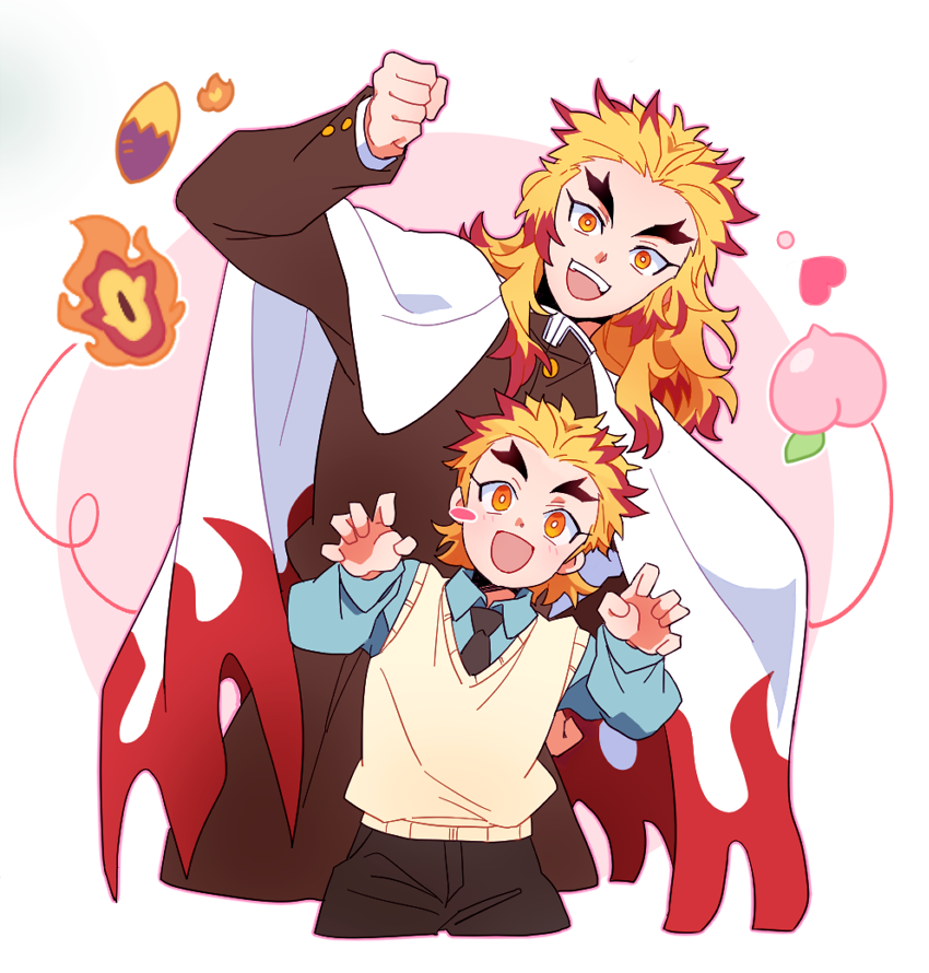 2boys :d black_necktie black_pants blonde_hair blue_shirt blush cape claw_pose cropped_legs demon_slayer_uniform fire flame_print food forked_eyebrows fruit hand_up hands_up kimetsu_no_yaiba leaning_to_the_side long_hair long_sleeves male_focus multicolored_eyes multicolored_hair multiple_boys necktie pants peach print_cape red_eyes redhead rengoku_kyoujurou rengoku_toujurou school_uniform shirt short_hair smile streaked_hair sweater_vest sweet_potato time_paradox ungungzza white_background white_cape yellow_eyes