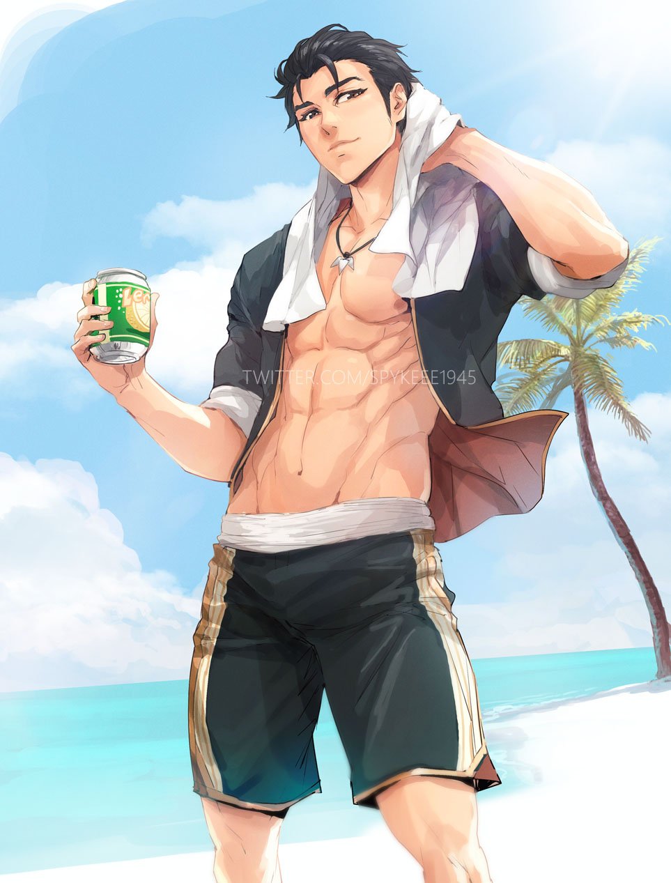 1boy abs artist_name beach black_hair can commission commissioner_upload fire_emblem fire_emblem:_thracia_776 fire_emblem_heroes highres jewelry necklace palm_tree reinhardt_(fire_emblem) solo spykeee towel tree twitter_username