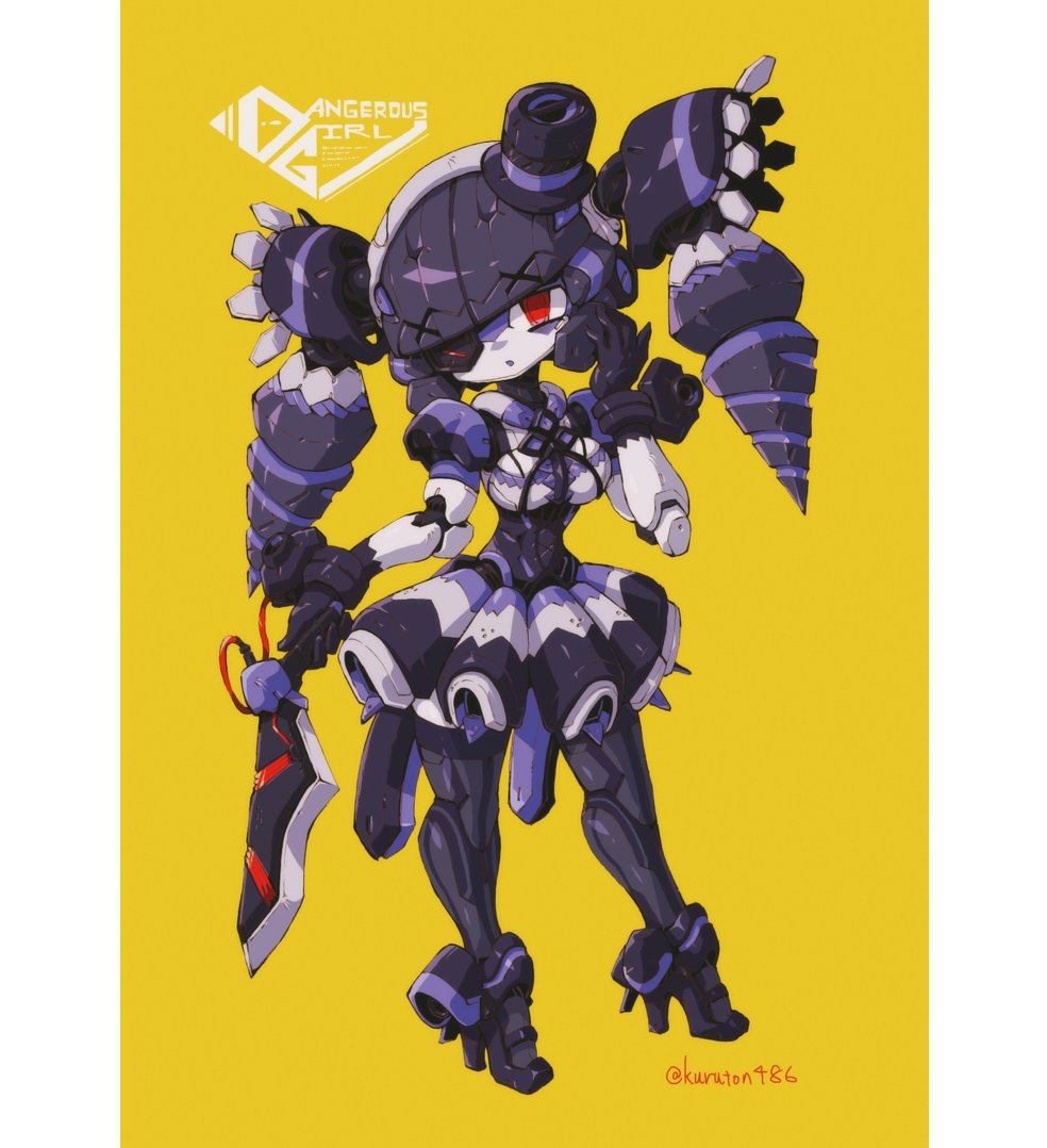 1girl breasts cable drill head_tilt high_heels holding holding_knife humanoid_robot knife kuruton486 looking_to_the_side medium_breasts one_eye_covered original red_eyes science_fiction solo standing twitter_username yellow_background