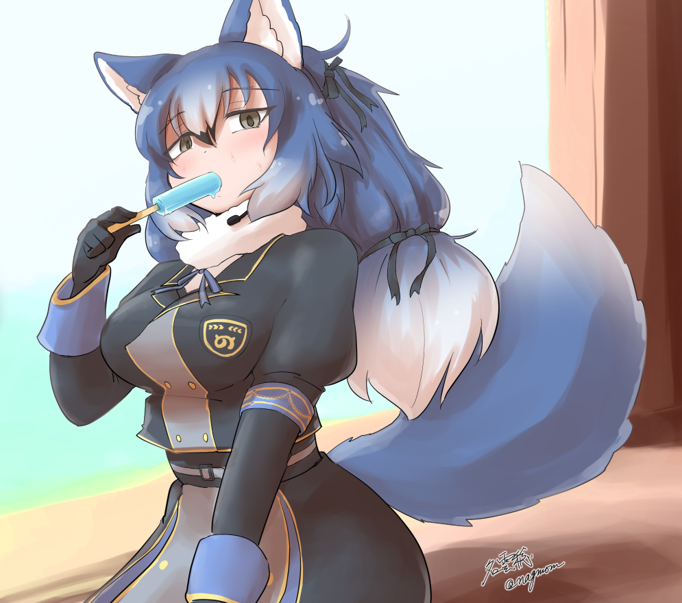 1girl animal_costume animal_ear_fluff animal_ears blue_hair dire_wolf_(kemono_friends) food gloves grey_eyes ice_cream kemono_friends kemono_friends_v_project long_hair looking_at_viewer neckerchief ribbon school_uniform solo summer tail taurine_8000mg twintails virtual_youtuber wolf_costume wolf_ears wolf_girl wolf_tail