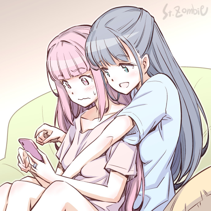 2girls baggy_clothes bangs bare_legs behind_another blue_eyes blue_hair blue_shirt blunt_bangs blush breast_press breast_squeeze breasts brown_background cellphone collarbone couch cushion gradient gradient_background happy height_difference holding holding_phone hug hug_from_behind jewelry long_hair looking_at_phone loose_clothes magia_record:_mahou_shoujo_madoka_magica_gaiden mahou_shoujo_madoka_magica medium_breasts multiple_girls nanami_yachiyo nervous on_couch open_mouth oversized_clothes oversized_shirt phone pink_eyes pink_hair pink_shirt ring shirt sidelocks sitting small_breasts smile studiozombie sweat sweatdrop t-shirt tamaki_iroha yuri