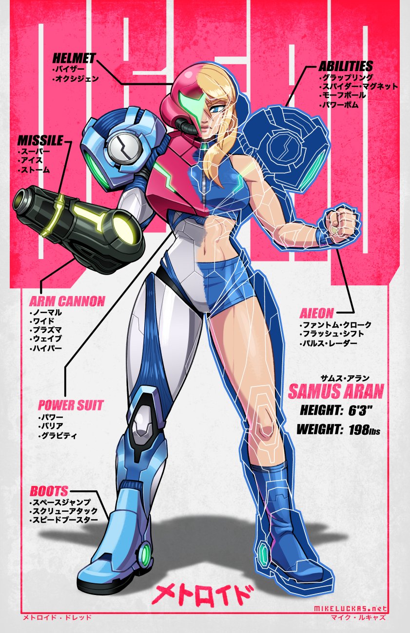 abs arm_cannon biceps blonde_hair blue_eyes blue_footwear blue_shorts boots character_profile clenched_hand crop_top derivative_work english_text full_body height helmet highres looking_at_viewer metroid metroid_dread mike_luckas samus_aran short_shorts shorts standing toned translation_request weapon x-ray