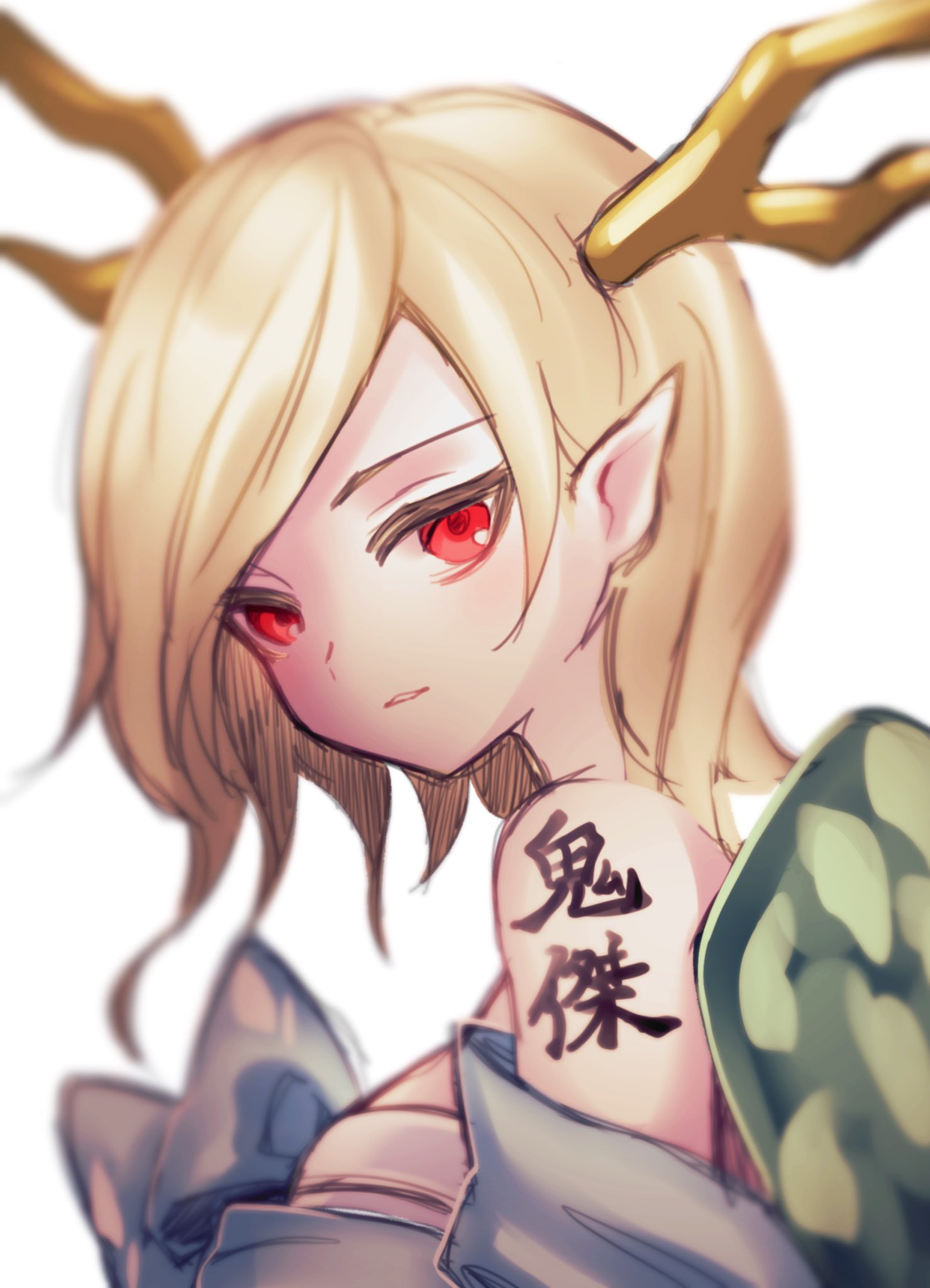 1girl bangs blonde_hair blurry depth_of_field dragon_horns highres horns kicchou_yachie looking_at_viewer parted_lips pointy_ears red_eyes sarashi simple_background solo tattoo touhou upper_body white_background yuka_yukiusa