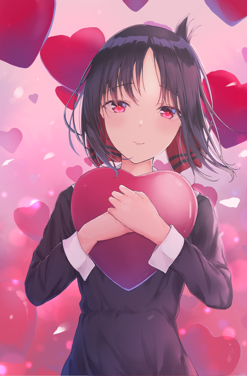 1girl balloon bangs blush closed_mouth commentary_request folded_ponytail hair_ribbon happy heart_balloon highres kaguya-sama_wa_kokurasetai_~tensai-tachi_no_renai_zunousen~ kou_futoshi long_sleeves looking_at_viewer object_hug parted_bangs pink_background red_eyes red_ribbon ribbon school_uniform serafuku shinomiya_kaguya shiny shiny_hair sidelocks smile solo uniform white_serafuku wrist_cuffs