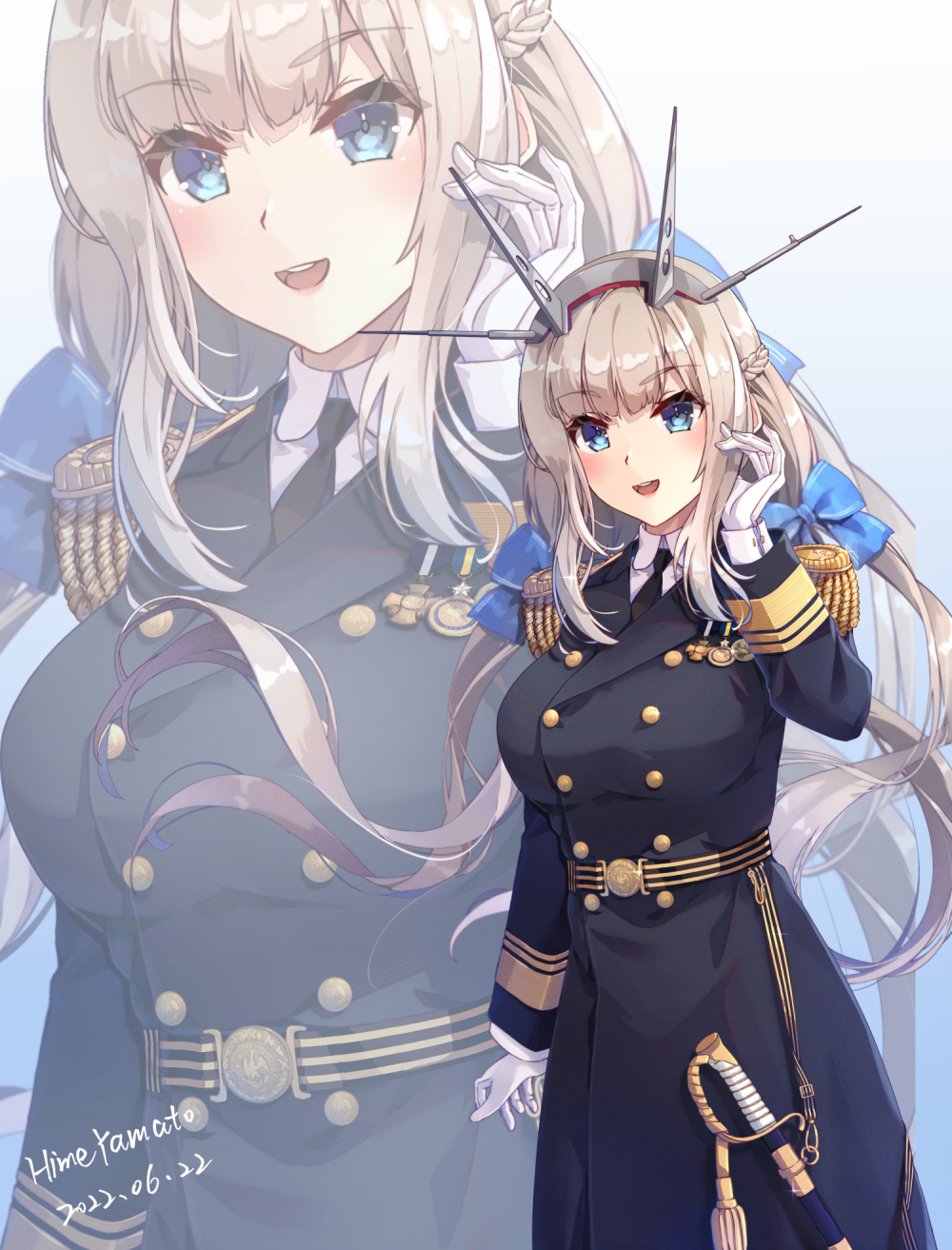 1girl alternate_costume black_coat blue_bow blue_eyes bow breasts coat epaulettes gloves hair_bow hairband headgear highres himeyamato kantai_collection large_breasts light_brown_hair long_hair long_sleeves low_twintails maryland_(kancolle) medal military military_uniform sidelocks twintails uniform white_gloves zoom_layer