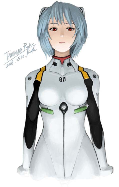 blue_hair bodysuit dated lowres neon_genesis_evangelion plugsuit red_eyes short_hair signature simple_background skin_tight solo standing tachibana_midori