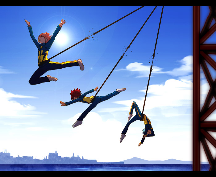 3boys blue_hair burn gazelle gran inazuma_eleven kiyama_hiroto nagumo_haruya pose redhead rope sky suzuno_fuusuke swinging