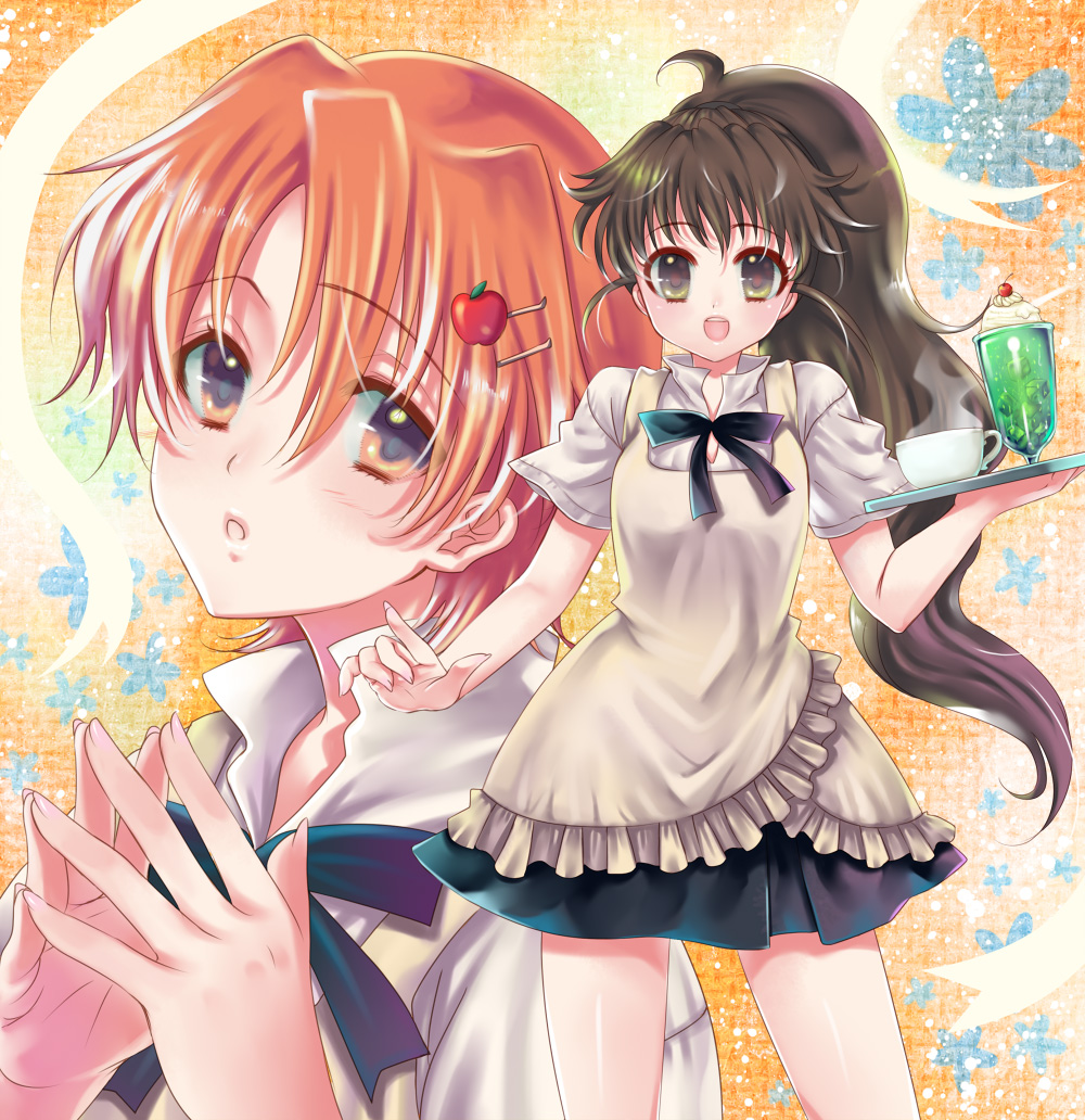 apron brown_eyes brown_hair food hair_ornament hairpin inami_mahiru kiryuu kiryuu_mina multiple_girls orange_eyes orange_hair ponytail short_hair taneshima_popura tray waitress working!!