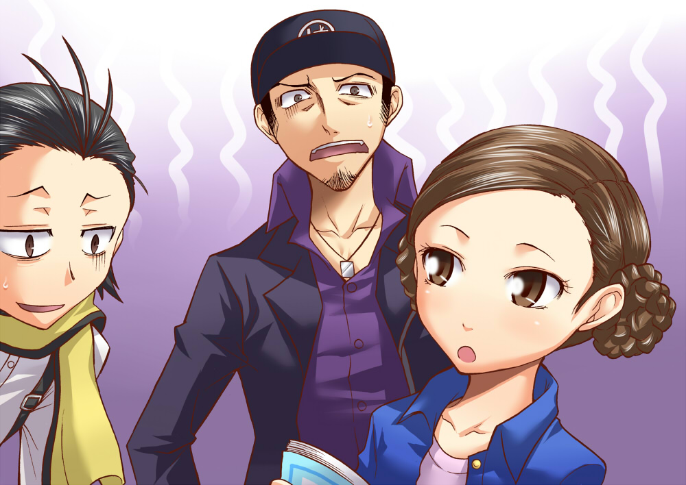 black_hair brown_eyes brown_hair child hat iori_junpei maiko mochizuki_ryouji open_mouth persona persona_3 scarf school_uniform segami_daisuke sweatdrop