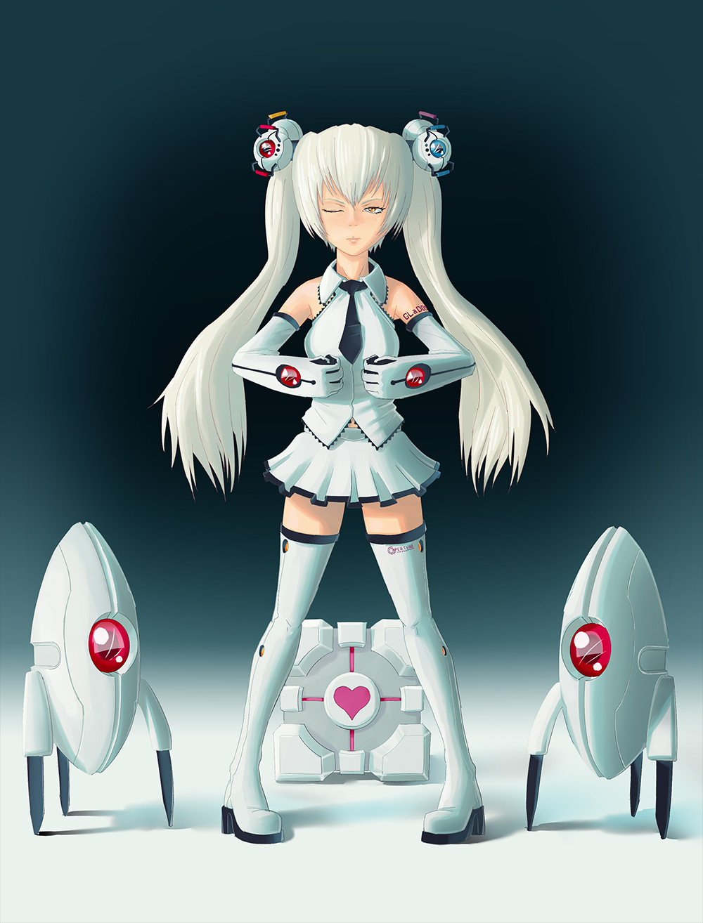 elbow_gloves female glados glados-tan gloves hair_ornament long_hair miniskirt necktie one_eye_closed orange_eyes personification portal skirt solo thigh-highs turret turret_(portal) twintails vvcephei weighted_companion_cube white_hair