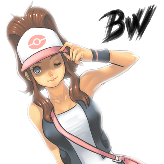 breasts brown_hair cleavage hat_tip pokemon pokemon_(game) pokemon_black_and_white pokemon_bw ponytail smile tan tank_top touko_(pokemon) uka uka_(artist) vest wink wristband