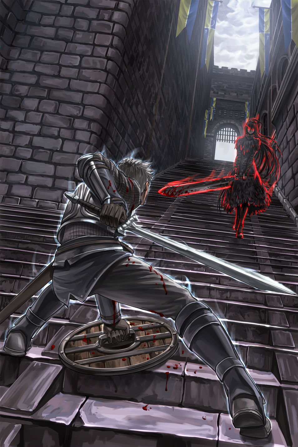 armor battle black_hair blood boots demon's_souls demon's_souls female gloves glowing glowing_eyes grey_hair highres inheanda kuroppu_66 long_hair male red_eyes robe sheath shield short_hair showdown silver_hair stairs sword weapon