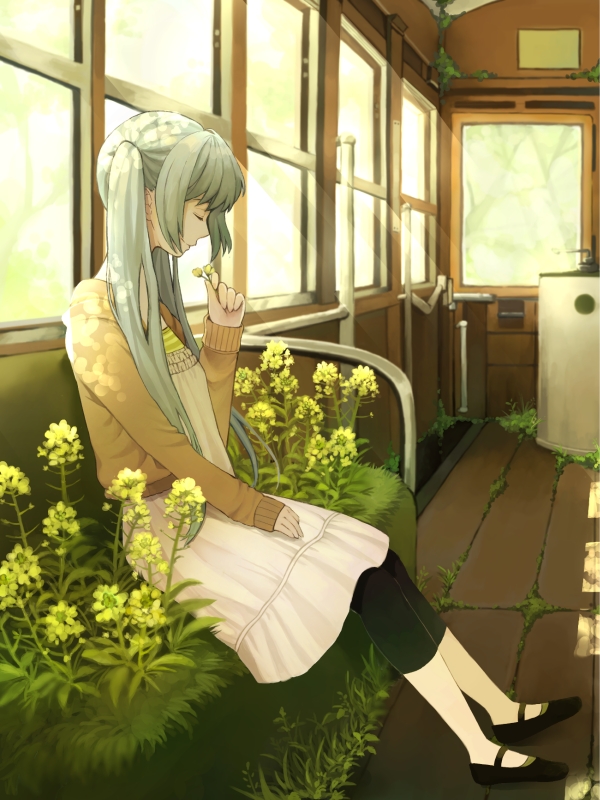 aqua_hair casual closed_eyes flower fujino_iro hatsune_miku indoors long_hair nature sitting smile solo twintails vocaloid