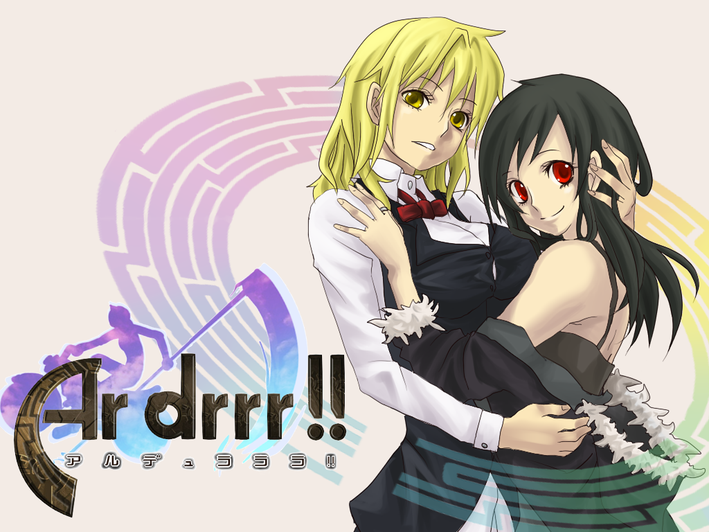 ar_tonelico ar_tonelico_ii black_hair blonde_hair bowtie breasts coat crossover durarara!! genderswap genderswap gust heiwajima_shizuo hug large_breasts multiple_girls orihara_izaya parody ragi_(4213) red_eyes tuxedo vest yellow_eyes yuri