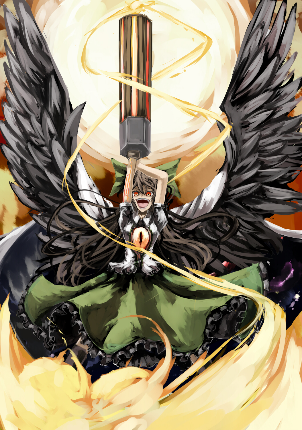 black_hair bow cape crazy_eyes crazy_laugh eyes faux_traditional_media fire hair_bow highres long_hair red_eyes reiuji_utsuho solo sun touhou utarion weapon wings