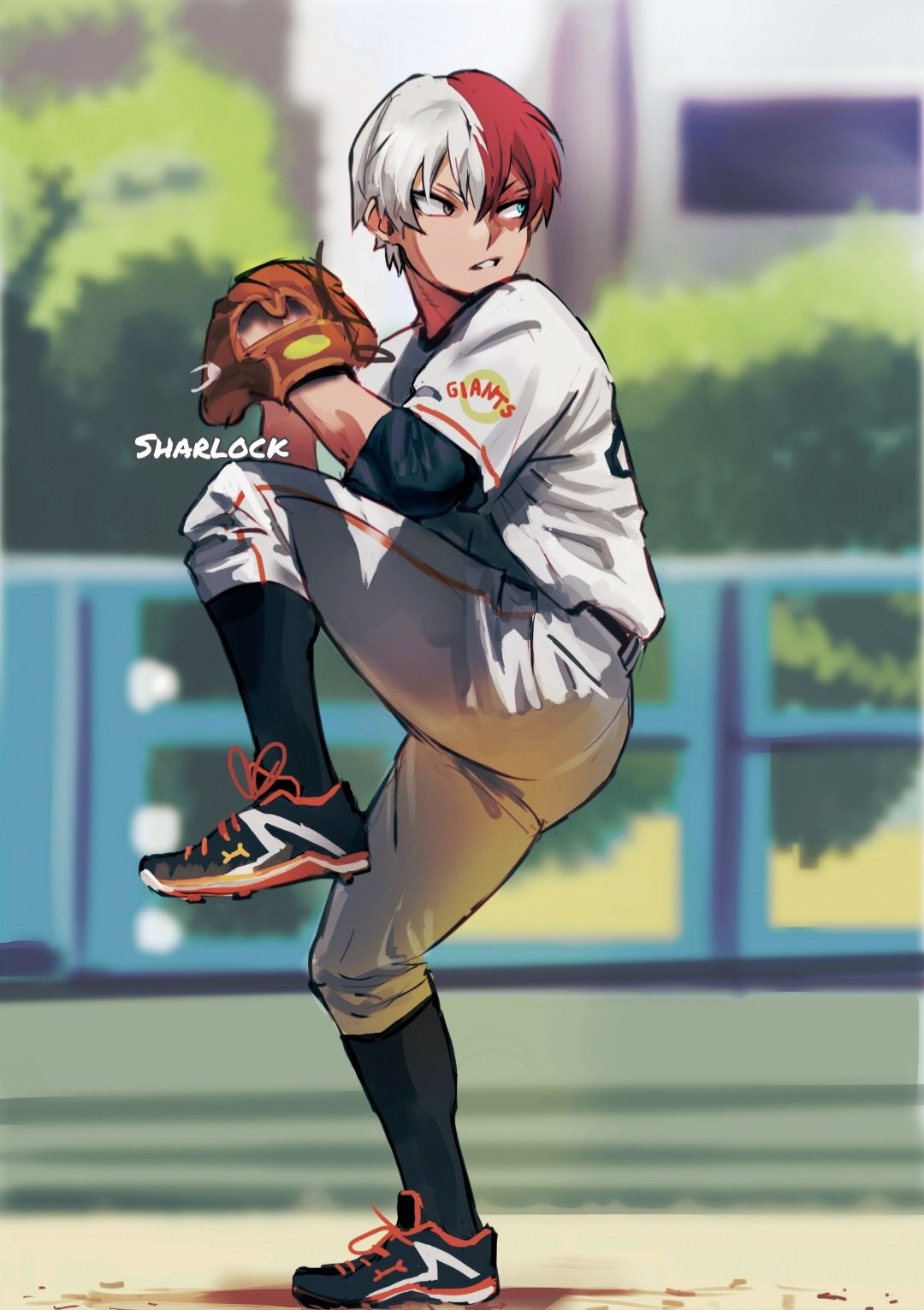 1boy artist_name baseball baseball_mitt baseball_uniform blue_eyes blurry blurry_background boku_no_hero_academia burn_scar grey_eyes heterochromia highres male_focus multicolored_hair pitching redhead scar scar_on_face sharl0ck split-color_hair sportswear standing standing_on_one_leg todoroki_shouto two-tone_hair white_hair