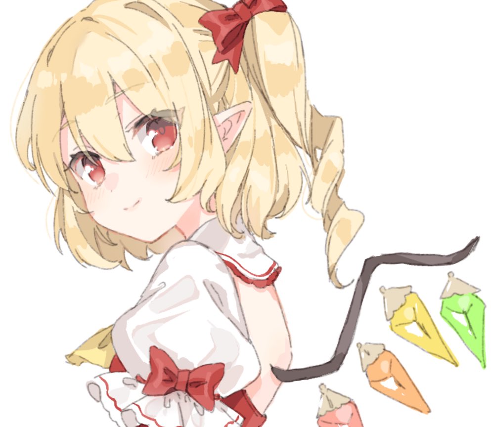 1girl adapted_costume ascot back_cutout bangs blonde_hair bow closed_mouth clothing_cutout crystal eyes_visible_through_hair flandre_scarlet hair_between_eyes hair_bow looking_at_viewer one_side_up over_shoulder paragasu_(parags112) pointy_ears puffy_short_sleeves puffy_sleeves red_bow red_eyes red_vest short_hair short_sleeves smile solo split_mouth touhou upper_body vest white_sleeves wings yellow_ascot