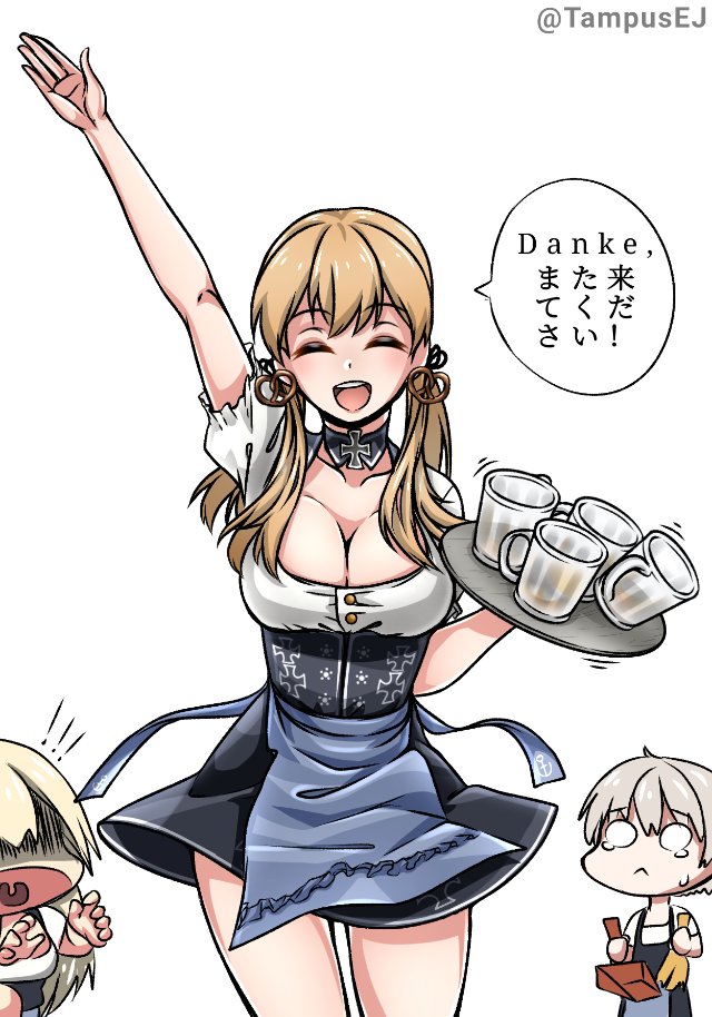 3girls alcohol alternate_costume apron barmaid beer beer_mug bismarck_(kancolle) blonde_hair blue_apron bodice breasts closed_eyes cup dirndl dropping food german_clothes holding holding_tray kantai_collection kazaharu_matsuhata large_breasts long_hair low_twintails mug multiple_girls open_mouth pretzel prinz_eugen_(kancolle) short_hair speech_bubble translation_request tray twintails waist_apron waitress white_hair z1_leberecht_maass_(kancolle)