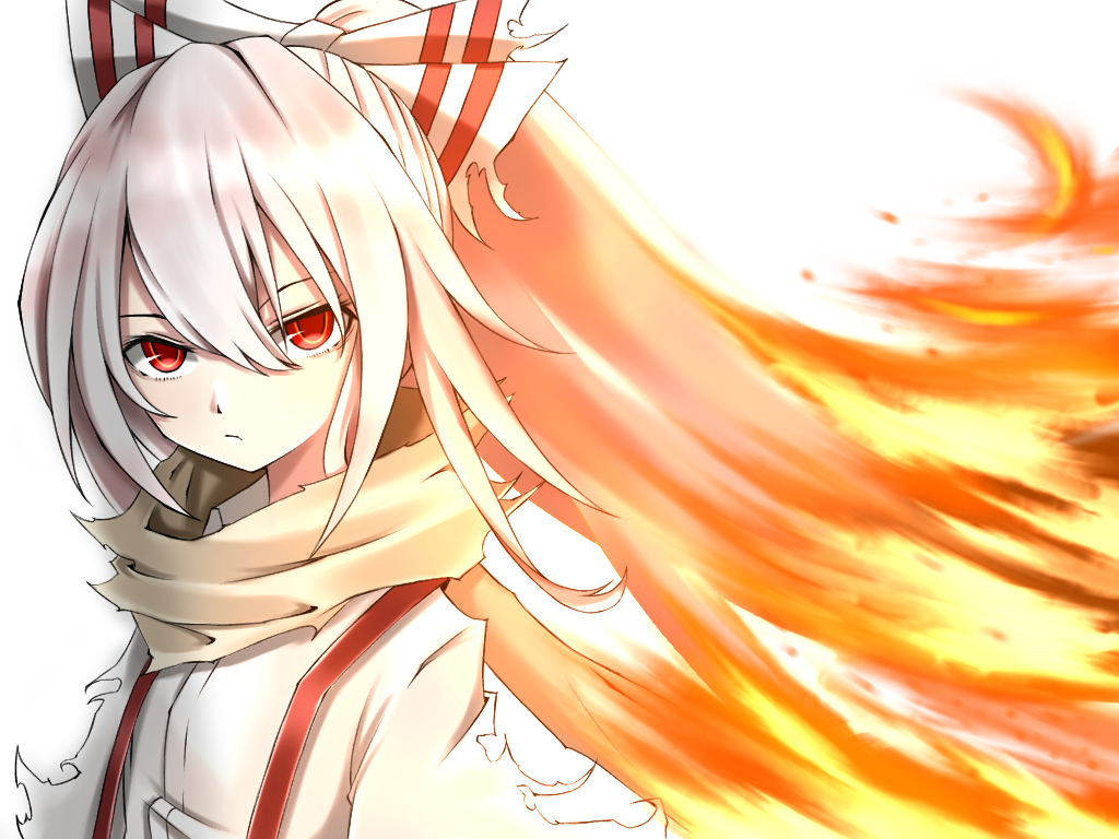 1girl bangs bow fiery_hair fire fujiwara_no_mokou grey_scarf hair_bow long_hair looking_at_viewer ponytail red_bow red_eyes scarf serious shirt solo suspenders torn_bow torn_clothes torn_scarf torn_shirt touhou tsune_(tune) two-tone_bow upper_body white_background white_bow white_hair white_shirt
