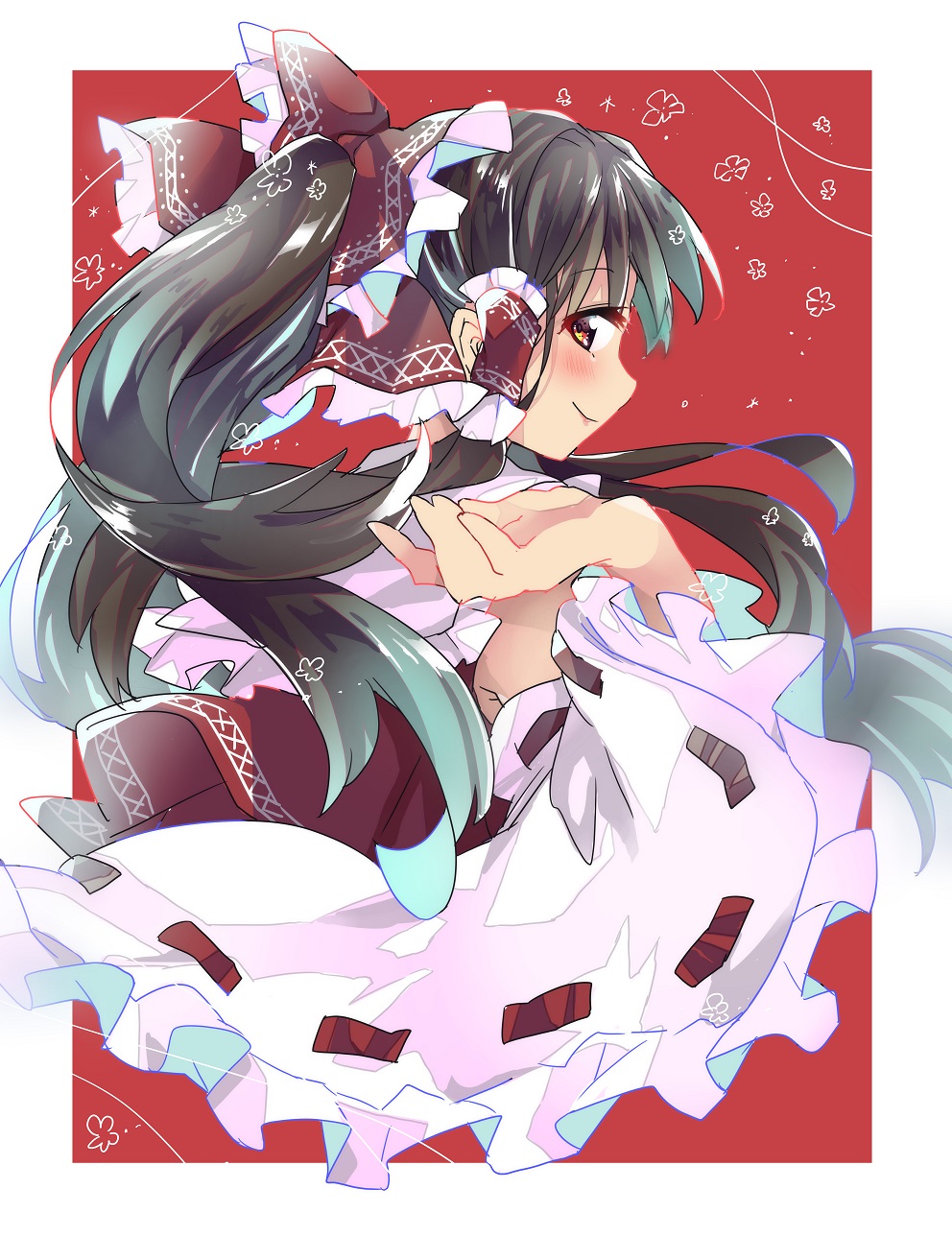 1girl alternate_hairstyle armpits bangs black_hair blush border bow commentary commentary_request detached_sleeves floral_background frilled_bow frills from_behind gradient_hair hair_bow hair_tubes hakurei_reimu highres long_hair looking_at_viewer mikama multicolored_hair outside_border over_shoulder ponytail red_background red_bow red_eyes red_vest smile solo touhou upper_body vest