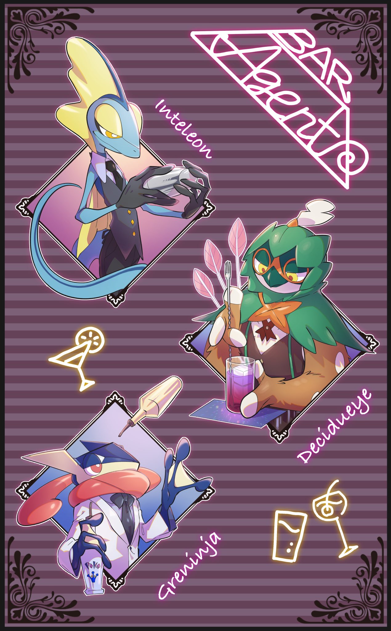 black_necktie bright_pupils character_name clothed_pokemon collared_shirt commentary_request cup decidueye fork glass greninja highres holding holding_cup inteleon jacket looking_down necktie pkpokopoko3 pokemon pokemon_(creature) shirt vest white_jacket white_pupils yellow_eyes