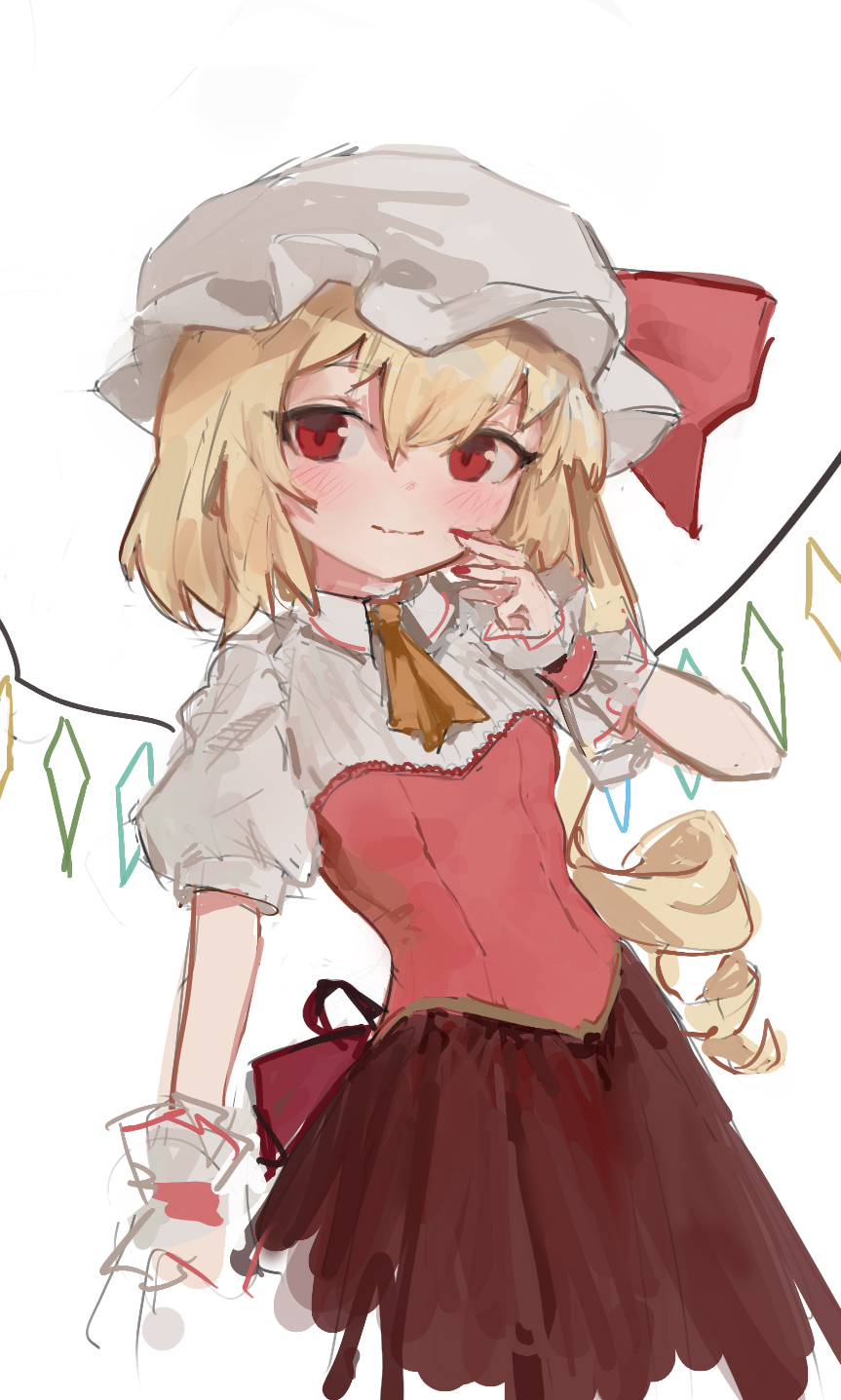 1girl ascot bangs black_skirt blonde_hair closed_mouth cropped_legs flandre_scarlet hat hat_ribbon highres looking_at_viewer mob_cap one_side_up red_eyes red_nails red_ribbon reddizen ribbon short_sleeves simple_background skirt smile solo touhou white_background white_headwear wrist_cuffs yellow_ascot