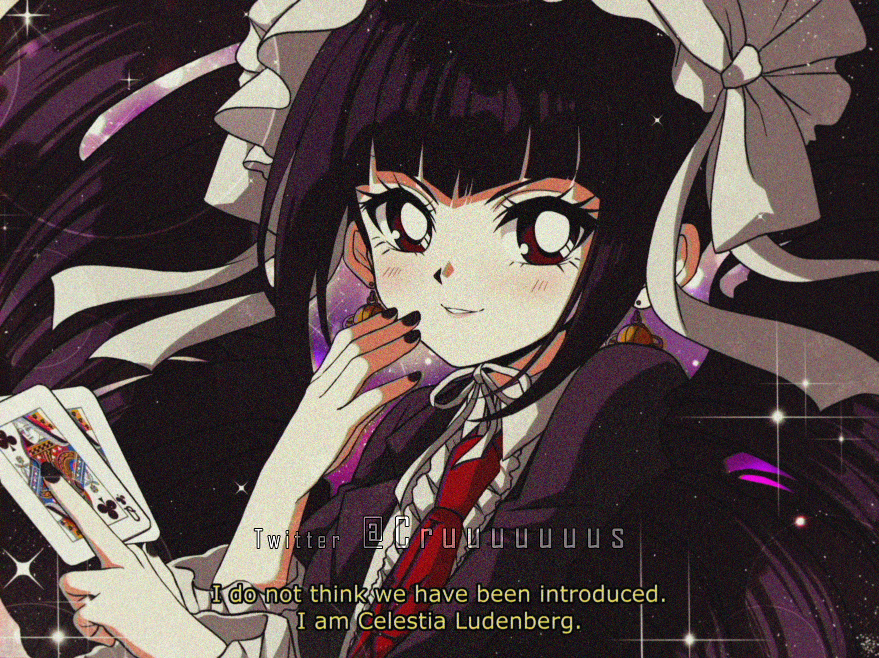 1990s_(style) 1girl bangs black_hair black_nails blush bonnet card celestia_ludenberg commentary criis-chan danganronpa:_trigger_happy_havoc danganronpa_(series) drill_hair english_commentary english_text fake_screenshot gothic_lolita holding holding_card lolita_fashion long_hair looking_at_viewer nail_polish necktie playing_card queen_of_clubs red_eyes red_necktie retro_artstyle ribbon sidelocks smile solo subtitled twin_drills watermark white_ribbon