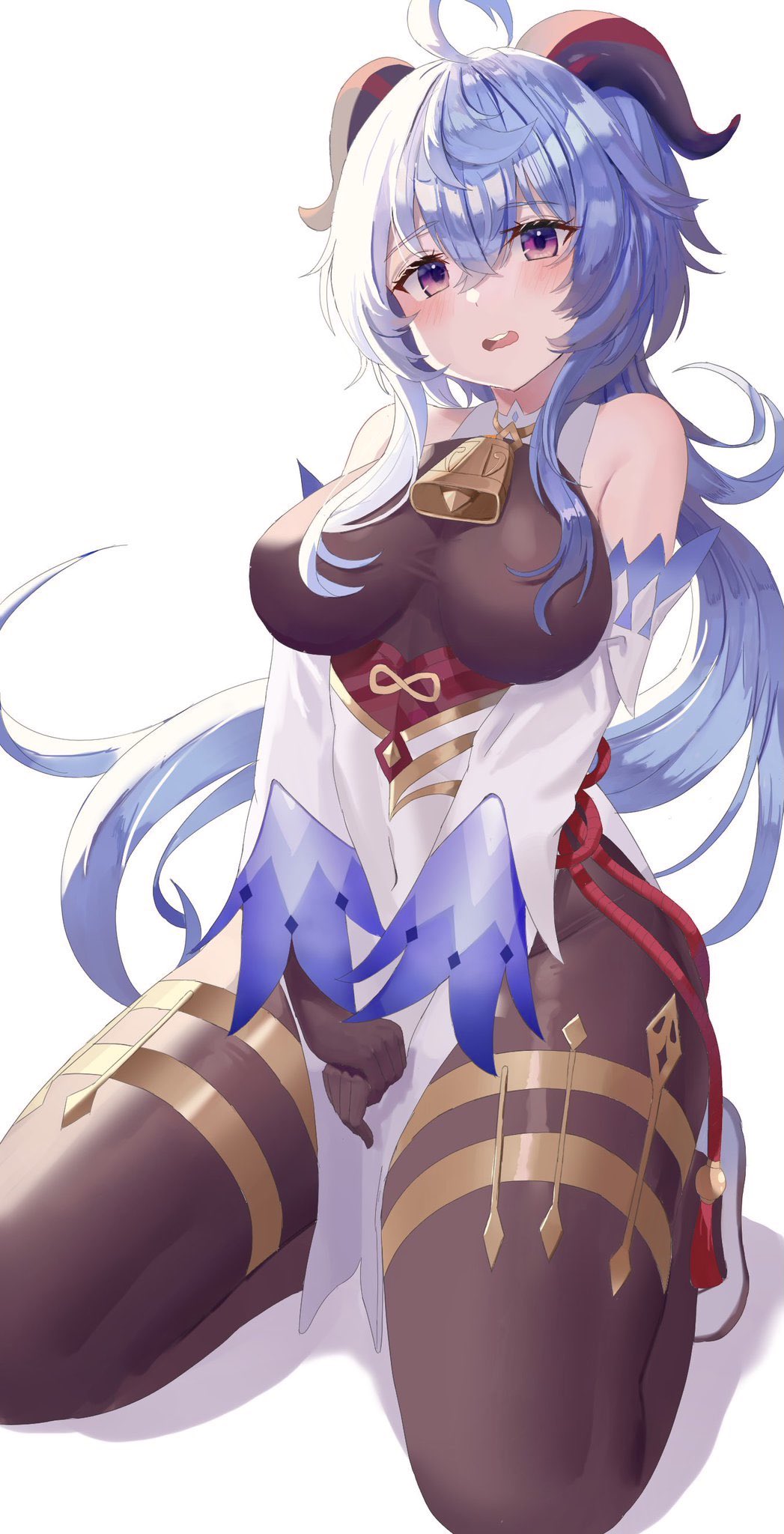 1girl ahoge bangs bare_shoulders bell between_legs black_gloves blue_hair blush bodystocking breasts covered_navel detached_sleeves ganyu_(genshin_impact) genshin_impact gloves gold_trim hand_between_legs high_heels highres horns long_hair looking_at_viewer medium_breasts neck_bell open_mouth pantyhose seiza sidelocks sitting solo taressaa_(resapn) thighlet thighs violet_eyes white_background white_sleeves