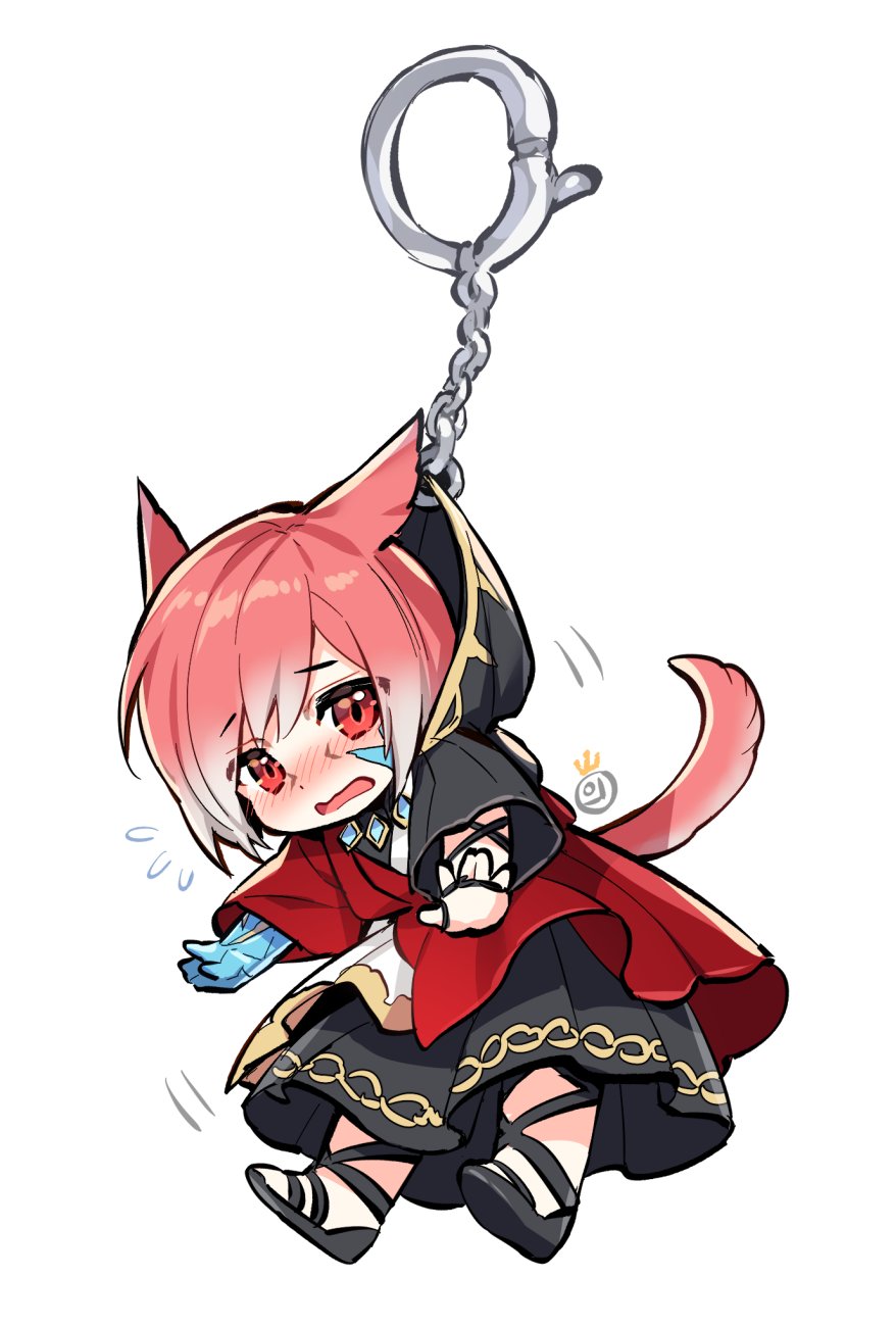 1boy animal_ears black_footwear black_robe blush cat_boy cat_ears cat_tail chibi commentary_request crystal_exarch facial_mark final_fantasy final_fantasy_xiv flying_sweatdrops full_body gradient_hair hanging highres hooded_robe keychain korean_commentary male_focus miqo'te multicolored_hair outstretched_arms red_eyes redhead sandals short_hair simple_background solo tail toga two-tone_hair white_background white_hair wide_sleeves wild5lee