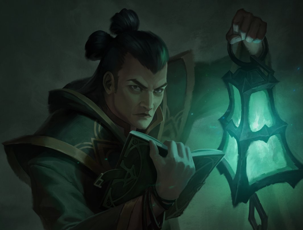 1boy arm_up bangs black_hair book closed_mouth double_bun green_background hair_bun hand_up holding holding_book holding_lamp lamp league_of_legends light lips male_focus official_alternate_costume official_art open_book robe ruination:_a_league_of_legends_novel solo thresh_(league_of_legends) v-shaped_eyebrows