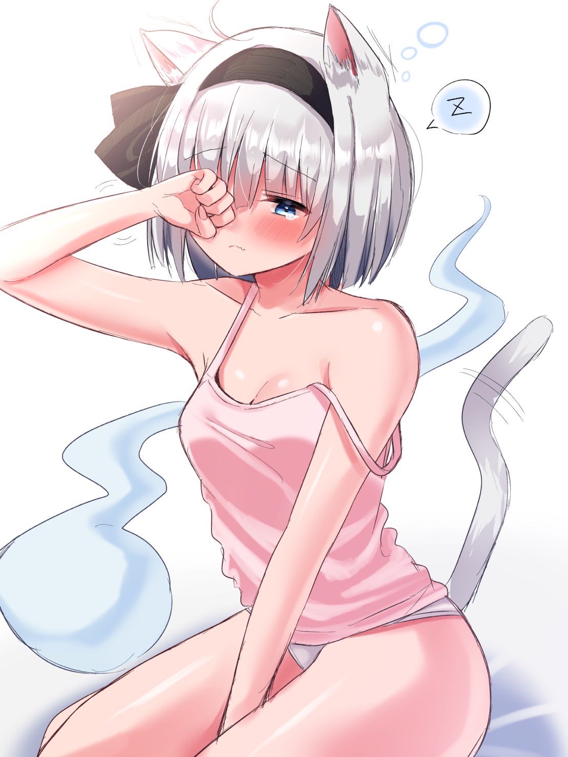 1girl ahoge alternate_costume animal_ears arm_up bangs bare_shoulders black_hairband black_ribbon blue_eyes blush breasts cat_ears cat_tail closed_mouth collarbone commentary_request ghost grey_hair grey_panties hair_between_eyes hairband hand_on_own_face hand_up highres hitodama konpaku_youmu konpaku_youmu_(ghost) looking_at_viewer medium_breasts one-hour_drawing_challenge otowa_(otoha4634) panties pink_shirt ribbon rubbing_eyes seiza shirt short_hair simple_background sitting sleepy sleeveless sleeveless_shirt solo speech_bubble t-shirt tail tears touhou underwear white_background