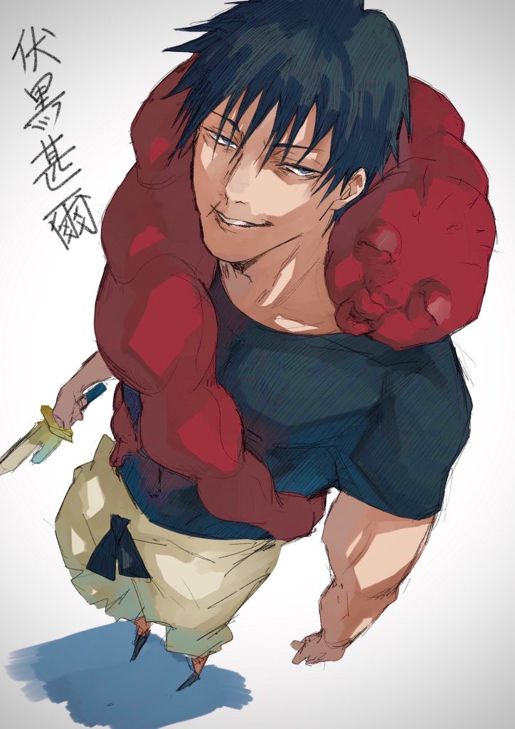 1boy black_hair blue_eyes closed_eyes collarbone foreshortening fushiguro_touji grey_background hair_between_eyes half-closed_eyes hatching_(texture) holding holding_sword holding_weapon jujutsu_kaisen looking_at_viewer male_focus monster moyashi_san4 parted_lips scar scar_on_face scar_on_mouth sketch smile sword teeth weapon