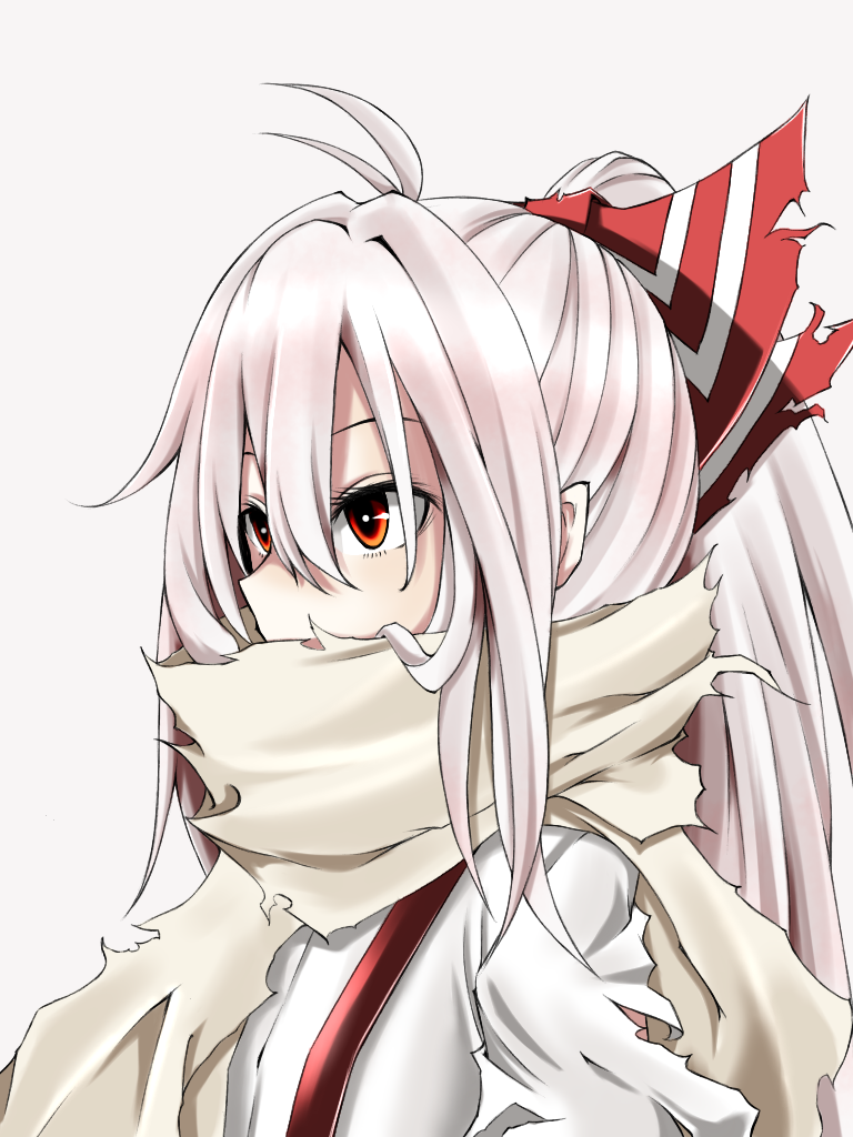 1girl bangs bow commentary covered_mouth fujiwara_no_mokou grey_scarf hair_bow long_hair looking_to_the_side ponytail red_bow red_eyes scarf shirt sidelocks solo suspenders torn_bow torn_clothes torn_scarf torn_shirt touhou tsune_(tune) two-tone_bow upper_body white_background white_bow white_hair white_shirt