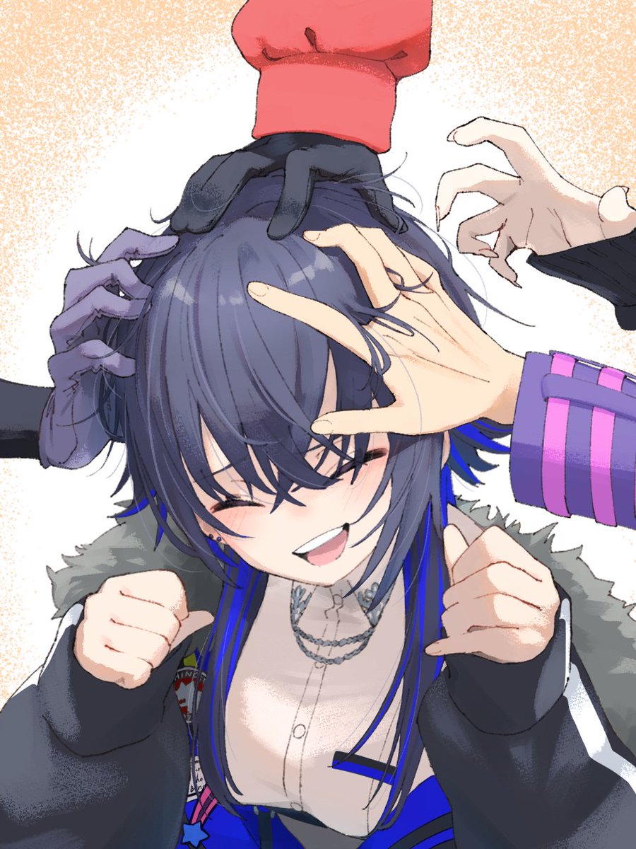 1girl 4boys ^_^ arisakaaa_(crazy_raccoon) bangs black_gloves black_hair black_jacket closed_eyes collar_chain collared_shirt crazy_raccoon daruma_is_god fingernails fur-trimmed_jacket fur_trim gloves hair_between_eyes happy headpat highres ichinose_uruha jacket kinako_(crazy_raccoon) kuzuha_(nijisanji) laughing long_fingernails long_hair long_sleeves lupinus_virtual_games multicolored_hair multiple_boys nijisanji open_clothes open_jacket purple_gloves reaching_out shirt simple_background streaked_hair umi_painter virtual_youtuber vspo! white_shirt