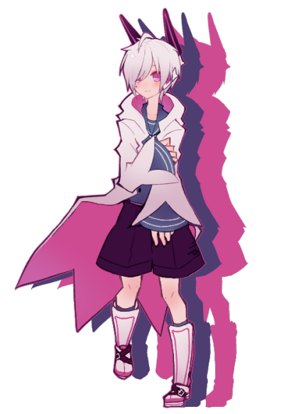 1bitheart 1boy ahoge bangs blue_shirt boots closed_mouth coat full_body hood hood_down hooded_coat looking_at_viewer male_focus miwasiba nanase_yoshi official_art pink_eyes purple_shorts robot_ears shirt shorts smile solo transparent_background white_coat white_footwear white_hair