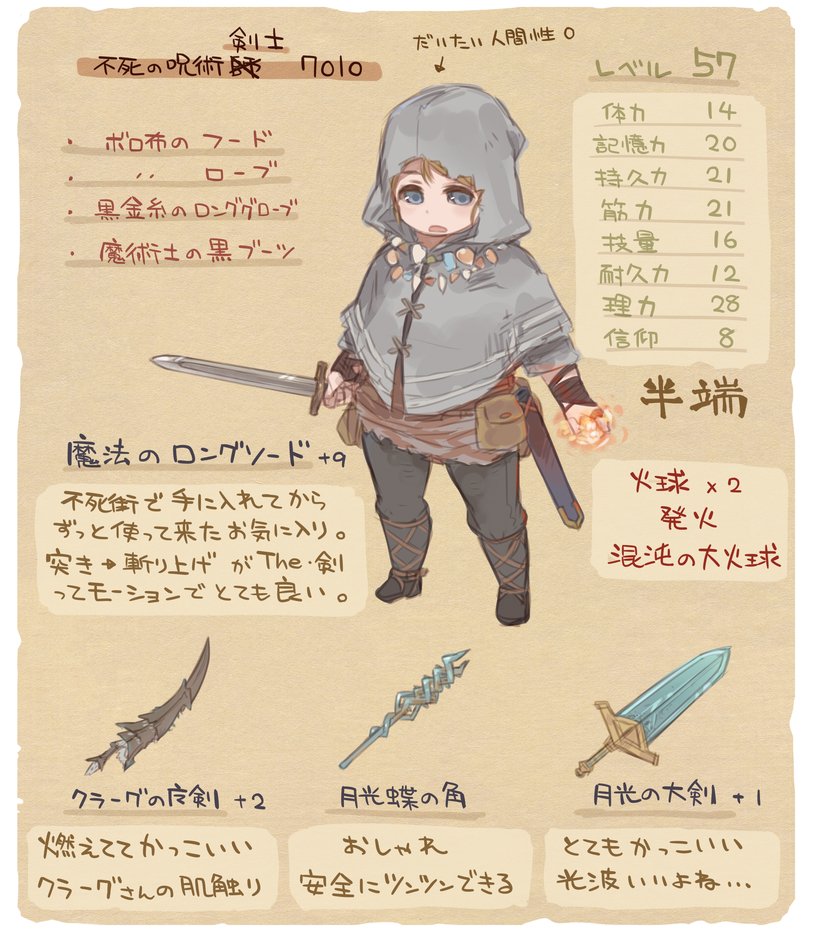 1boy 7010 belt_pouch black_footwear blonde_hair blue_eyes border capelet chibi fantasy fire flame grey_capelet holding holding_sword holding_weapon hood hood_up hooded_capelet jewelry male_focus necklace open_mouth original pouch scabbard sheath solo staff standing stats sword torn torn_clothes translation_request unsheathed weapon white_border