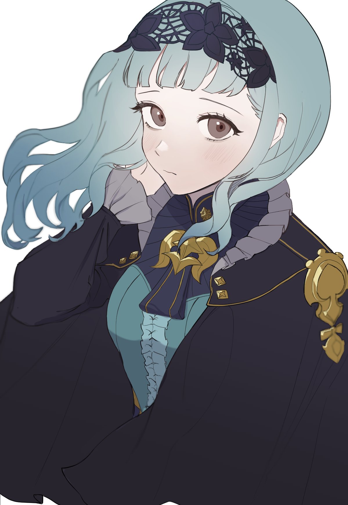 1girl bangs black_cape black_hairband blue_dress blue_hair blunt_bangs blush brown_eyes cape center_frills closed_mouth commentary_request dress fire_emblem fire_emblem:_three_houses fire_emblem_warriors:_three_hopes floating_hair frills hairband highres lace_hairband long_hair long_sleeves looking_at_viewer marianne_von_edmund official_alternate_costume official_alternate_hairstyle repepepic simple_background solo upper_body wavy_hair white_background