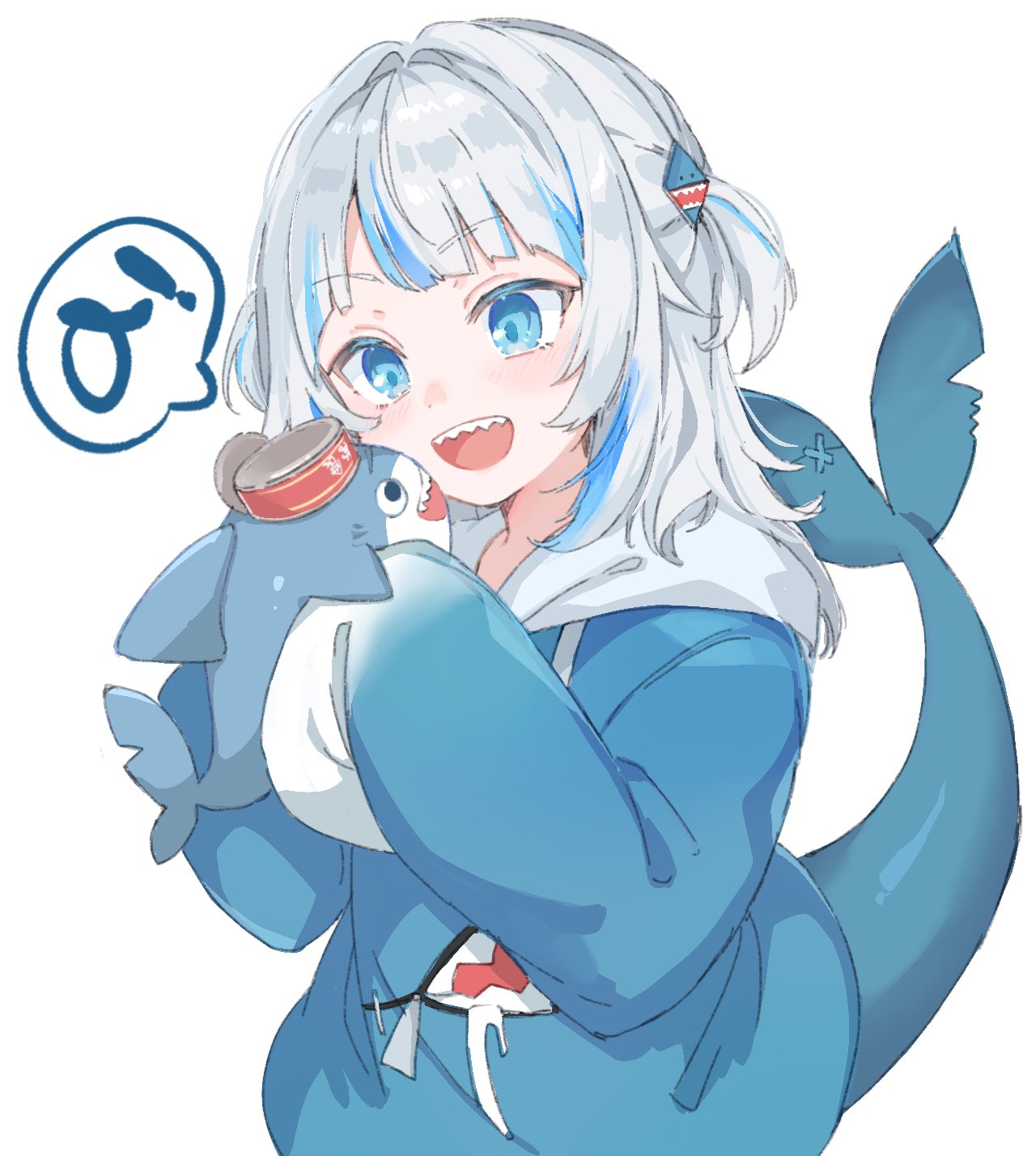1girl a_(phrase) animal_costume bangs blue_eyes blue_hair blue_hoodie blunt_bangs commentary_request doll fish_tail gawr_gura grey_hair hair_ornament highres holding holding_doll hololive hololive_english hood hoodie long_sleeves medium_hair multicolored_hair paragasu_(parags112) shark_costume shark_girl shark_hair_ornament shark_tail sharp_teeth sleeves_past_fingers sleeves_past_wrists solo speech_bubble spoken_letter streaked_hair stuffed_toy tail teeth two_side_up upper_body virtual_youtuber wide_sleeves