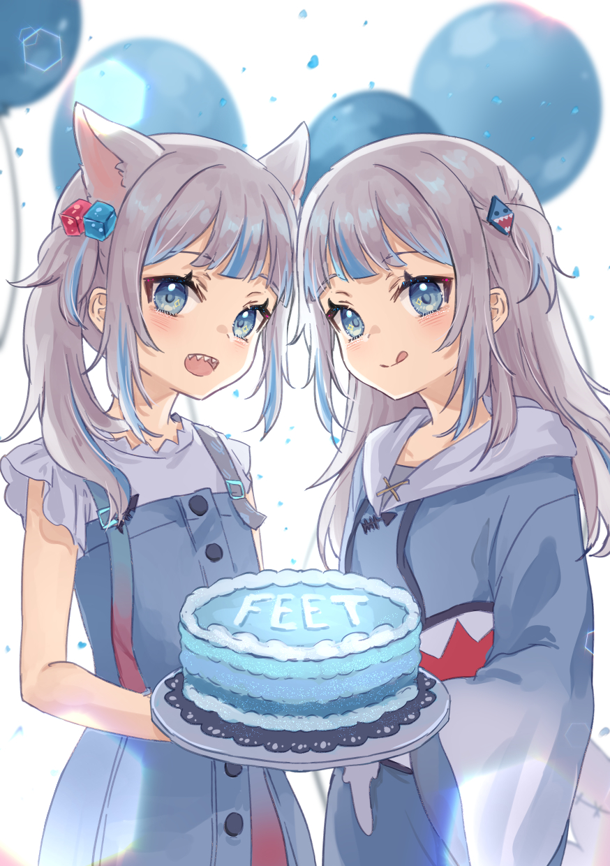 2girls :d animal_ears asymmetrical_hair balloon birthday birthday_cake blue_eyes blue_hair blue_hoodie blue_skirt blush cake cat_ears commentary cowboy_shot dual_persona english_commentary fish_tail flat_chest food gawr_gura grey_hair hair_cubes hair_ornament happy_birthday hexagon highres holding holding_cake holding_food hololive hololive_english hood hood_down hoodie kemonomimi_mode licking_lips long_hair looking_at_viewer medium_hair multicolored_hair multiple_girls official_alternate_costume open_mouth shark_hair_ornament shark_print shark_tail sharp_teeth shirt short_twintails side_ponytail simple_background skirt skirt_set sleeveless sleeveless_shirt smile standing streaked_hair tail teeth ten-chan_(eternal_s) tongue tongue_out twintails two-tone_hair two_side_up upper_teeth virtual_youtuber white_background white_shirt