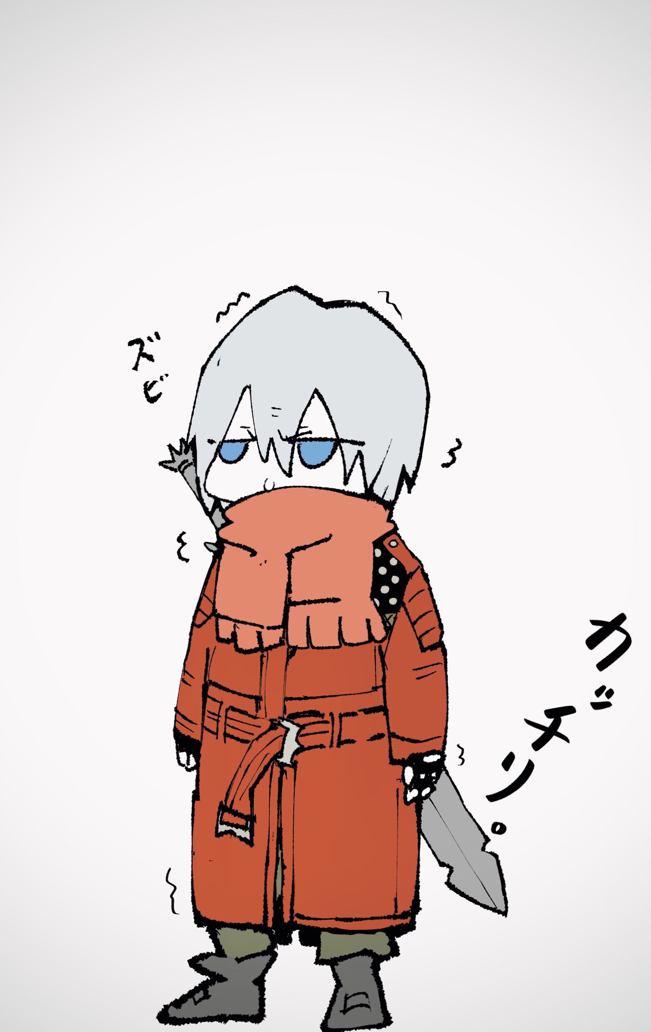 1boy black_gloves blue_eyes chibi closed_mouth coat dante_(devil_may_cry) devil_may_cry_(series) devil_may_cry_3 fingerless_gloves gloves gradient gradient_background grey_background grey_hair hair_between_eyes highres male_focus moyashi_san4 red_coat red_scarf scarf solo standing sword trembling weapon weapon_on_back