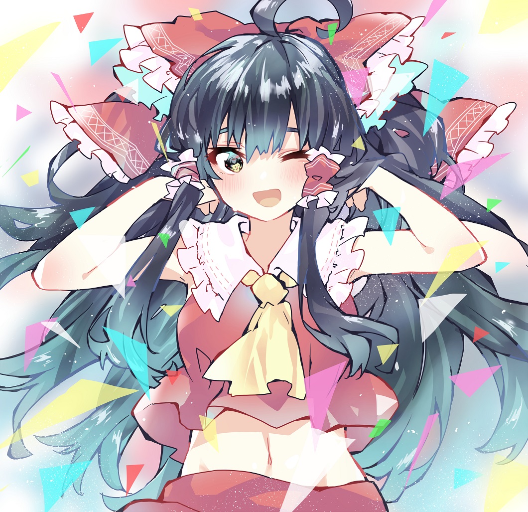 1girl ahoge ascot bangs black_hair blush bow collar frilled_bow frilled_collar frills hair_tubes hakurei_reimu large_bow long_hair looking_at_viewer midriff mikama multicolored_background navel one_eye_closed open_mouth red_bow red_skirt red_vest sidelocks skirt skirt_set smile solo touhou upper_body vest whipping_hair yellow_ascot yellow_eyes