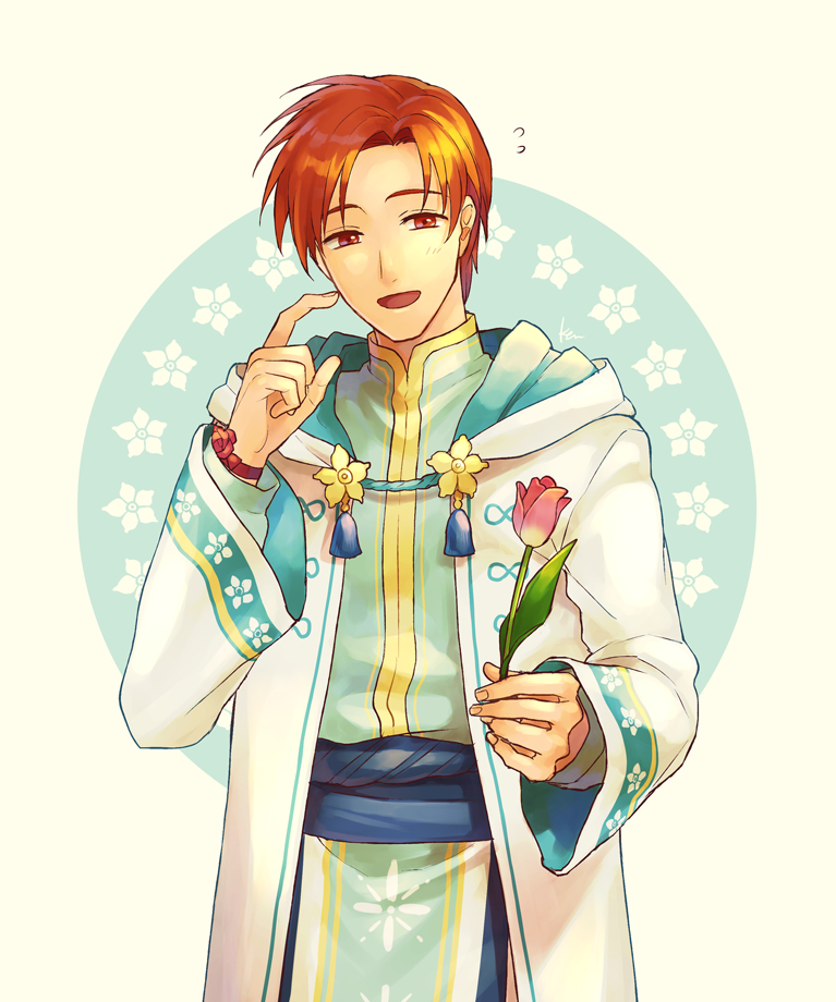 1boy :d akke blush brown_hair coat fire_emblem fire_emblem:_path_of_radiance flower hair_tubes holding holding_flower hood hood_down hooded_coat long_sleeves looking_at_viewer male_focus open_clothes open_coat open_mouth pink_flower red_eyes rhys_(fire_emblem) shiny shiny_hair short_hair smile solo tulip white_background white_coat