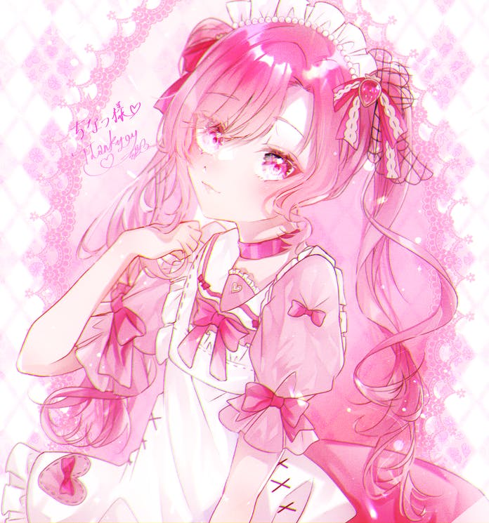 1girl :3 apron bow chinatsu_(vtuber) commission dress hair_bow indie_virtual_youtuber long_hair maid maid_apron maid_headdress multicolored_hair pink_background pink_eyes pink_hair pink_theme short_sleeves skeb_commission solo tora_hanabi twintails very_long_hair virtual_youtuber white_background